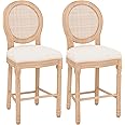 ABET Bar Stools Set of 2, 26.3-Inch Seat Height French Country Barstools with Rattan Back, Farmhouse Counter Height Chairs with Solid Wood Frame & Beige Linen Cushion for Dining Room, Kitchen