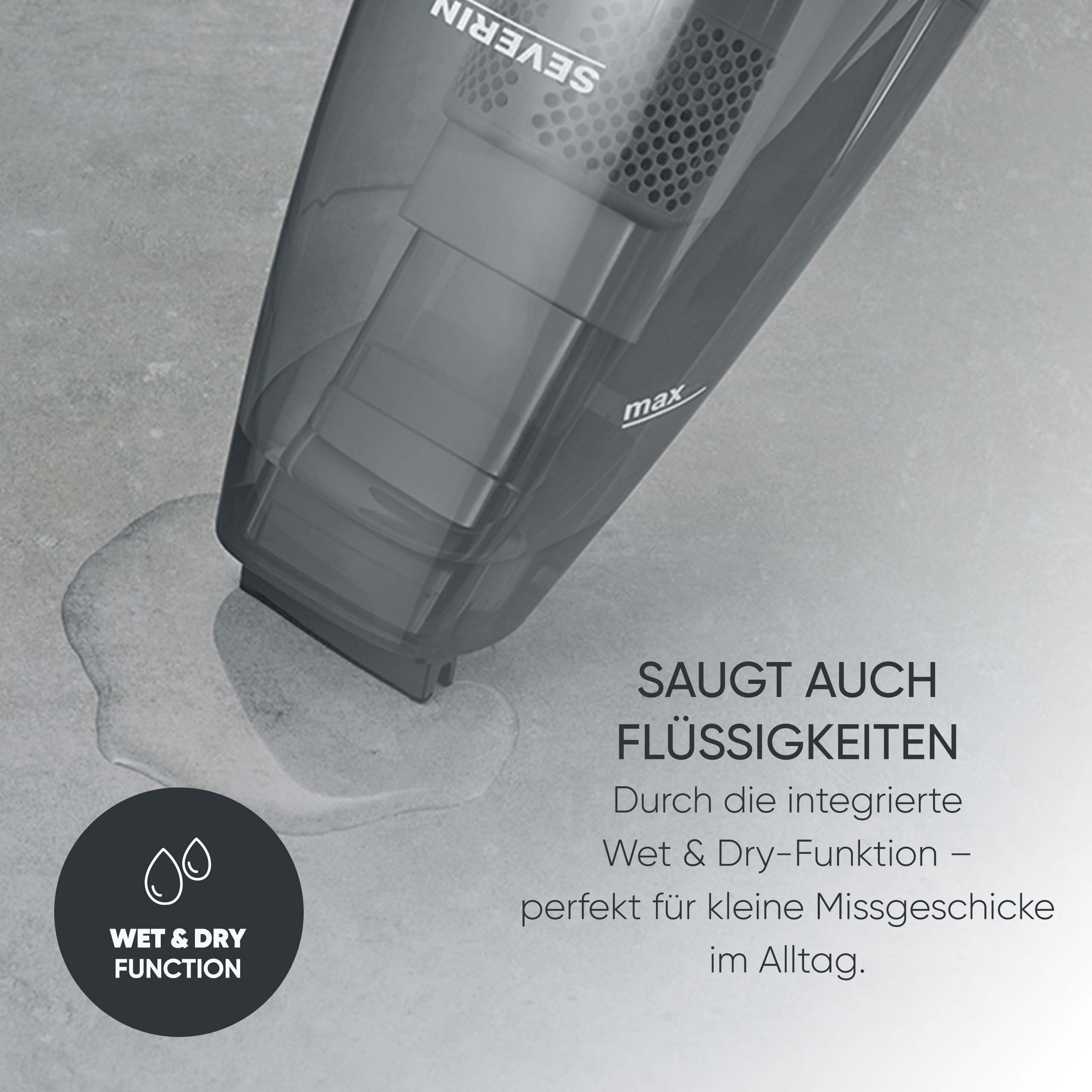 Severin 4-in-1 Akku-Handstaubsauger, kabelloser Nass- & Trockensauger für Autositze, Handsauger für Tierhaare & Flüssigkeiten, bis zu 30 Min Laufzeit im Eco-Mode, weiß-graurot, HV 7146 8