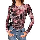 YYA Sparkly Mesh Top for Women Long Sleeve Round Neck Mesh Shirt Sheer Shiny Top Solid Floral Tee Shirts S-XXL