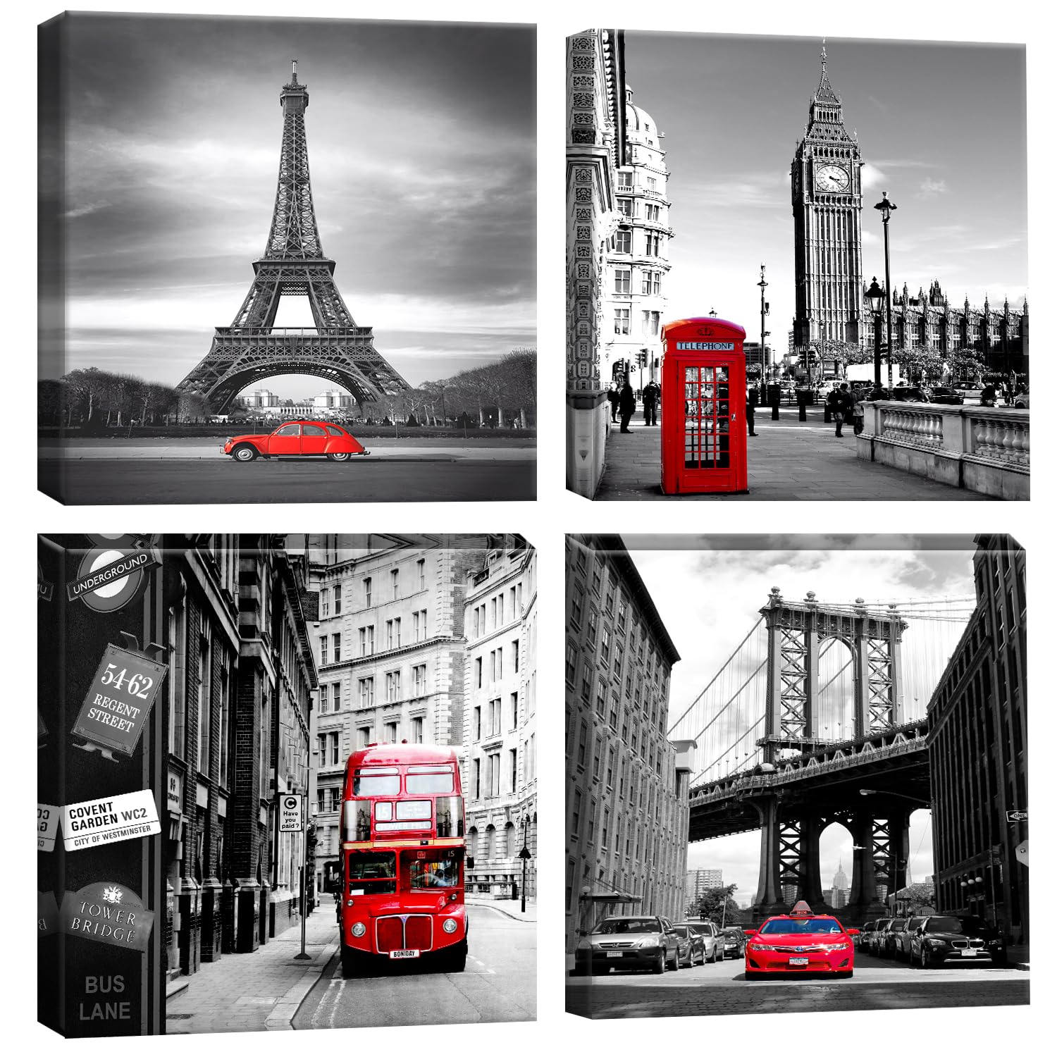 Artscope 4 Pieces Wall Art Canvas Prints - Red Cityscape with Eiffel Tower, Big Ben, Tower Bridge Picture Painting- Modern Wall Artwork Framed for Bathroom Home Office Decor - 30 x 30 CM
