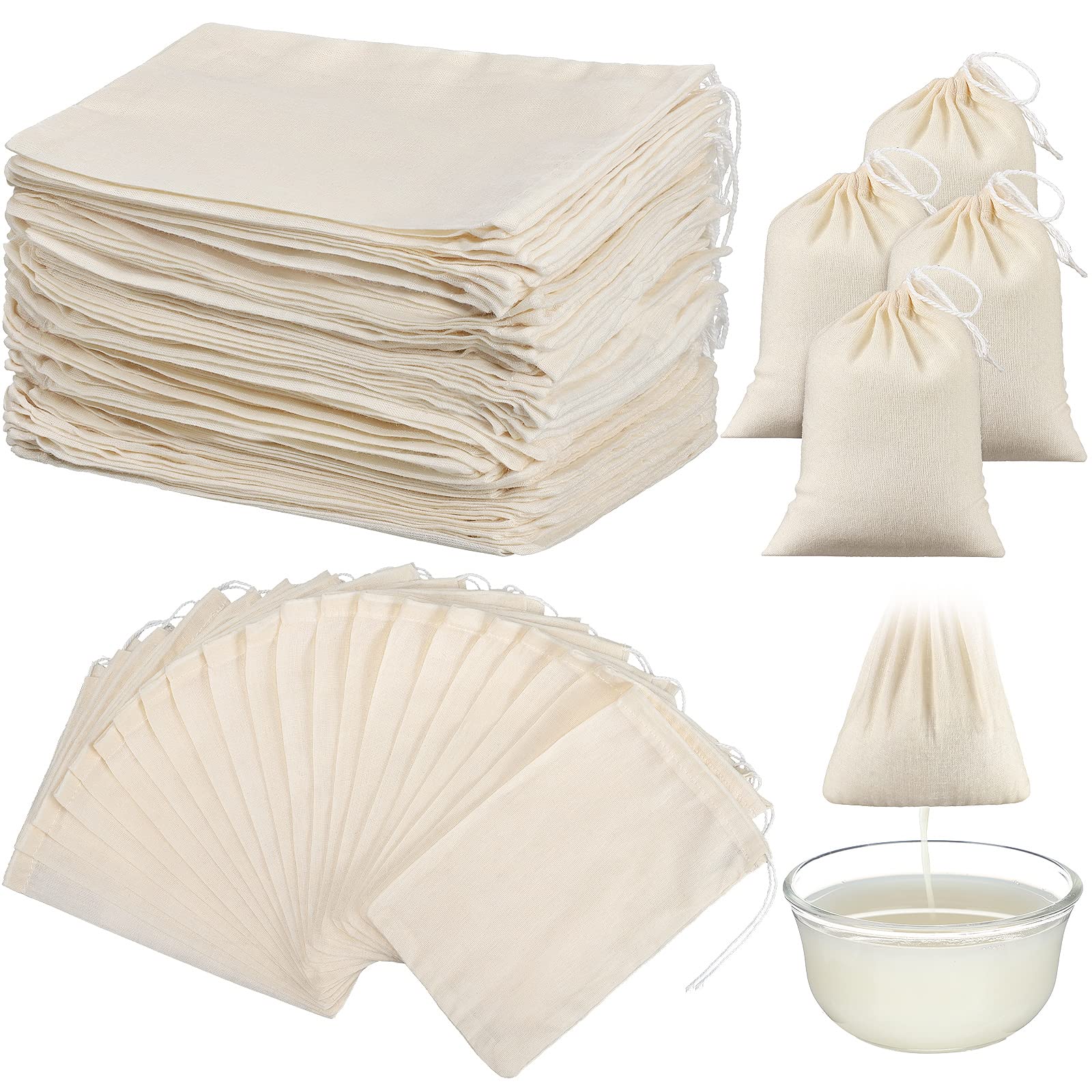 Photo 1 of 100 Pieces Cheesecloth Bags for Straining Reusable Tea Filter Muslin Bags Cold Brew Milk Tea Filter Strainer Cheese Clothes Cheese Clothbags for Office Kitchen Cooking(3 x 4 Inch)