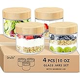 DRKIO 10 Oz Overnight Oats Containers with Bamboo Lids - 4 Pack Glass Storage Jars with Airtight Lids Wide Mouth Mason Food Jars Great for Meal Prep Salad Chia Pudding Snacks Yogurt Sugar Spice