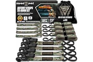 Ratchet Tie Down Straps (4 Pack) - 1,823lb Max Break Strength incl. (4) Heavy Duty 1" x 15' Rachet Tie Downs with Hooks & Handles Best for Moving Securing Cargo by Straight Jacket Crew (Camo)