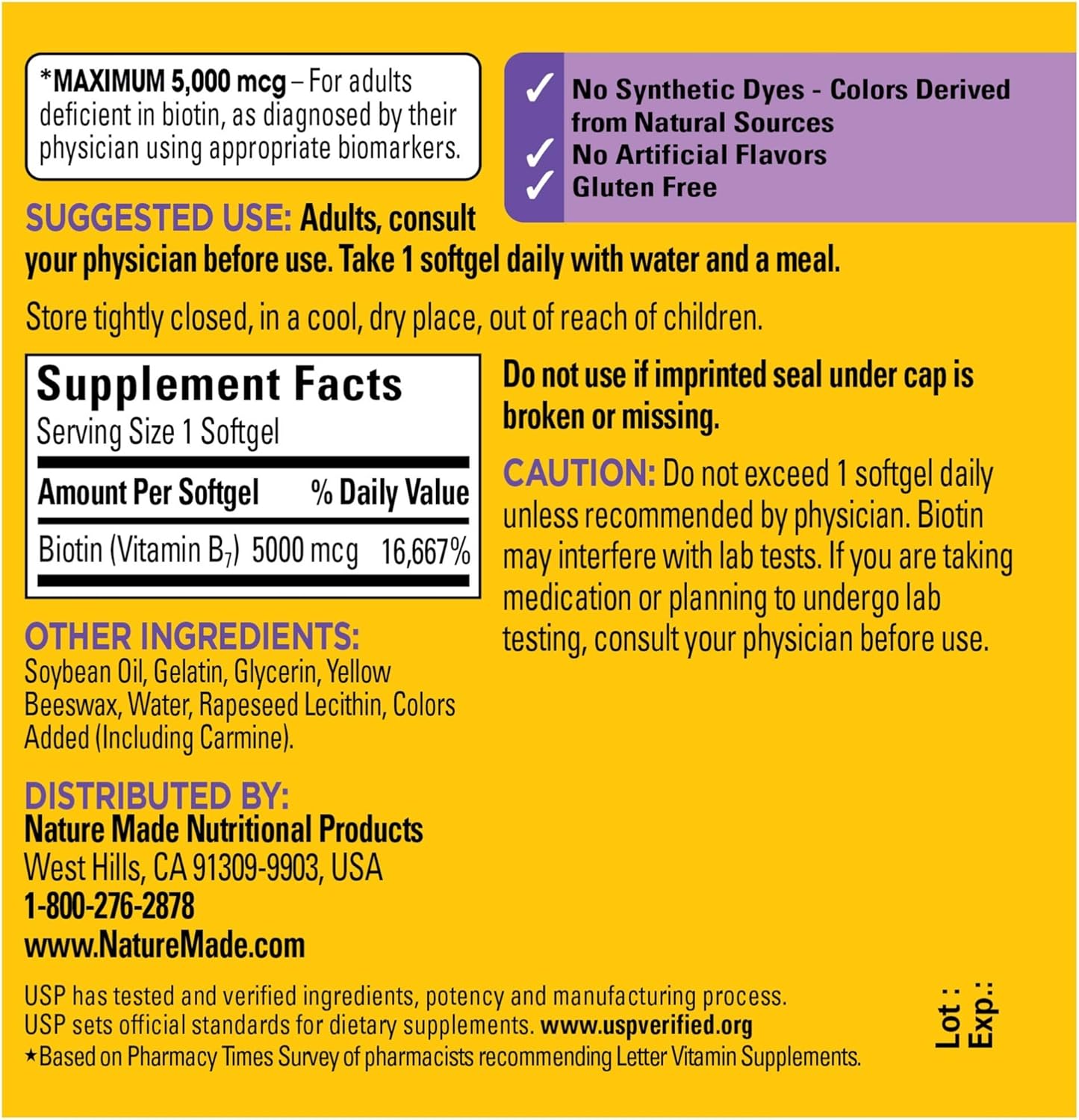 Nature Made Maximum Strength Biotin 5000 mcg Softgels, 120 Count Value Size (Packaging May Vary): Health & Personal Care