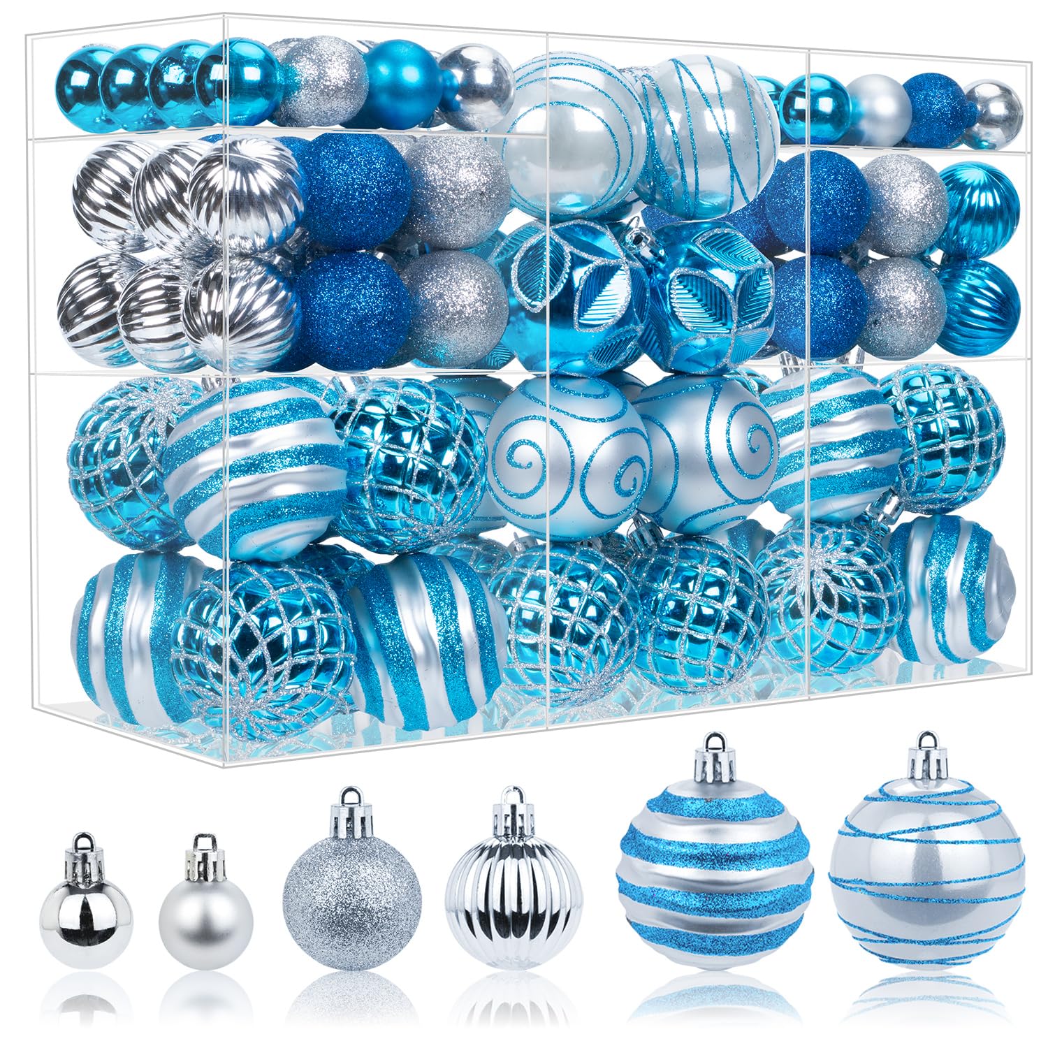 Photo 1 of 100 Pcs Christmas Ball Ornaments Set, Blue and Silver Xmas Tree Decoration, Shatterproof Decorative Hanging Balls with Loop for Christmas Party Holiday Wreath Garland Home Decor