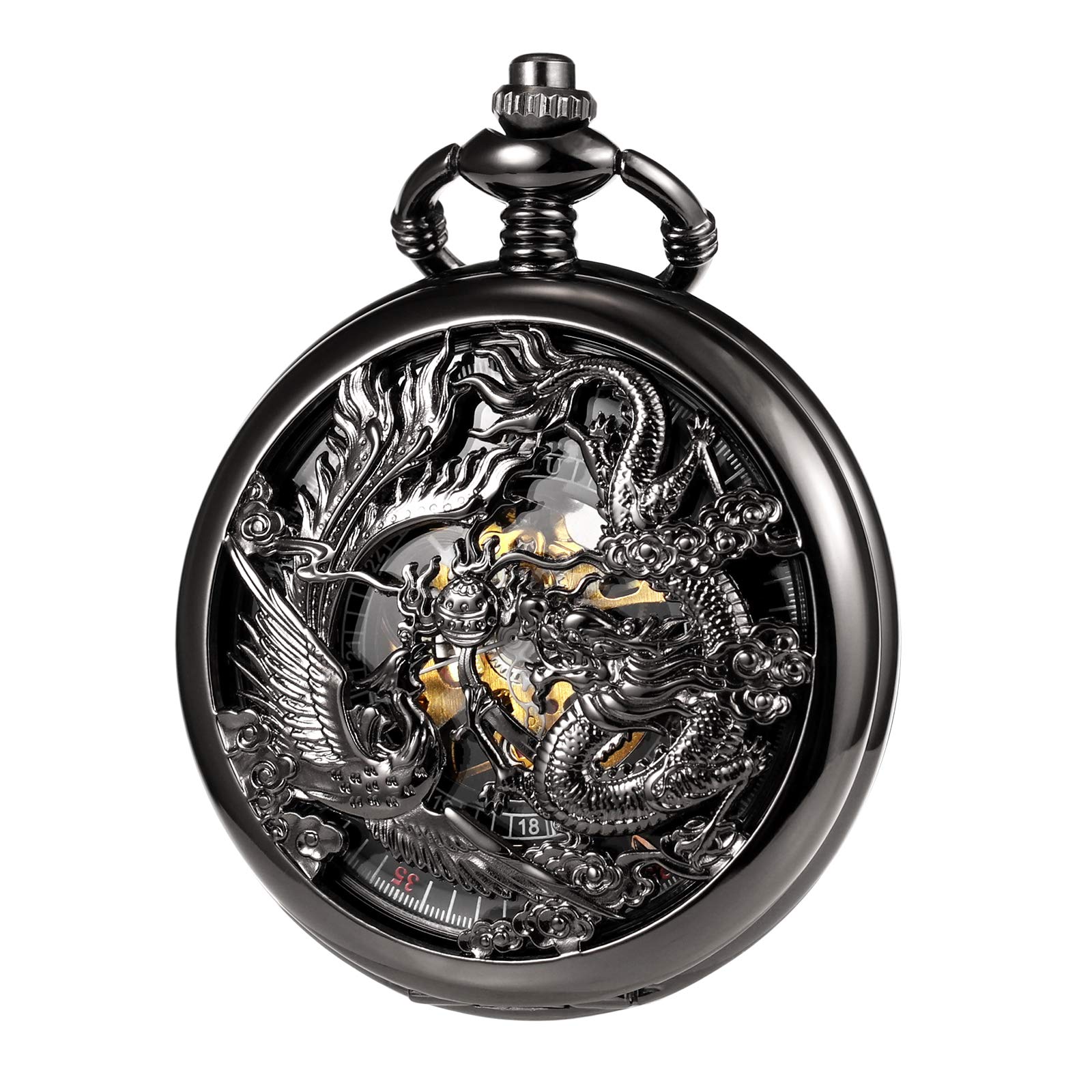 TREEWETO Unisex Retro Pocket Watch with Chain Analogue Hand Winding Dragon Phoenix Skeleton Roman Black