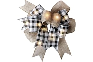 SIMISI RIBBON LED Christmas Buffalo Plaid Bow Rustic Burlap Black White Crafts Wreath Bow with LED Lights for Holiday Decorations (9.5 x 13 inch)
