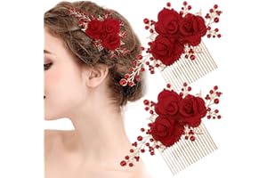 ASWEWAMT 2 Pcs Red Flower Hair Comb Gold Rose Bridal Side Combs Floral Rhinestone Pearl Combs Vintage Decorative Crystal Emerald Headpiece Wedding Sparkly Hair Accessory for Women