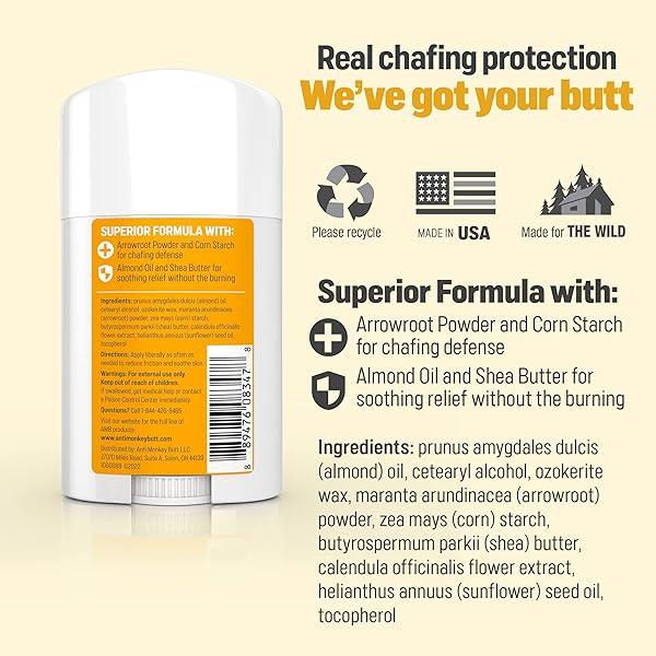 ANTI MONKEY BUTT ANTI-CHAFING STICK – MESS-FREE, EASY GLIDE APPLICATION WITH SHEA BUTTER & ALMOND OIL – PREVENTS & SOOTHES THIGH, CHEST, BRA LINE, & UNDERARM CHAFING – 1.7 OZ