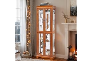 Eyisean Lighted Glass Display Cabinet, 71" Curio Cabinet with Adjustable Glass Shelves Vintage, Light Bulb Included, China Cabinet with 6 Shelves for Living Room (Oak)