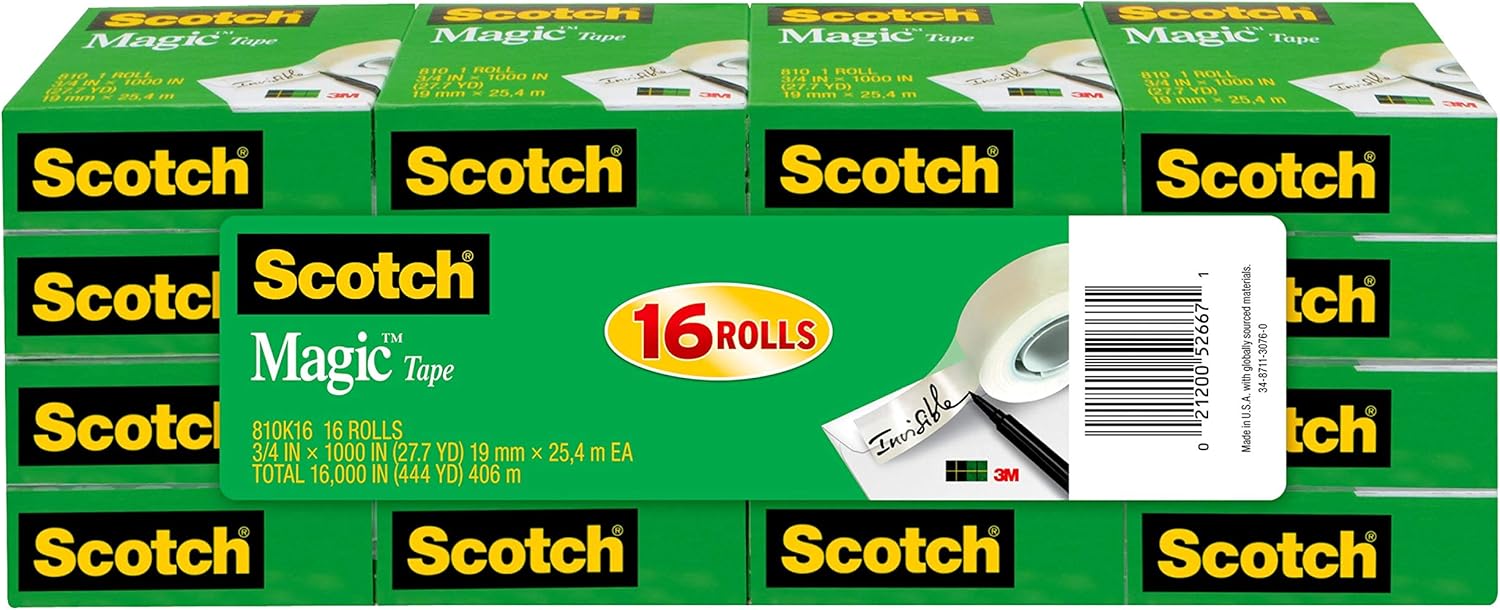 Scotch Magic Tape, 16 Rolls, Numerous Applications, Invisible, Engineered for Repairing, 3/4 x 1000 Inches, Boxed (810K16 ) : Clear Tapes : Office Products