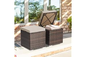 ORALNER 16" Outdoor Ottoman, Set of 2 Wicker Ottoman with Storage, All-Weather Rattan Cube Footstool w/Removable Cushions, Square Foot Rest Seating for Patio, Porch, Deck, Easy Assembly (Brown)