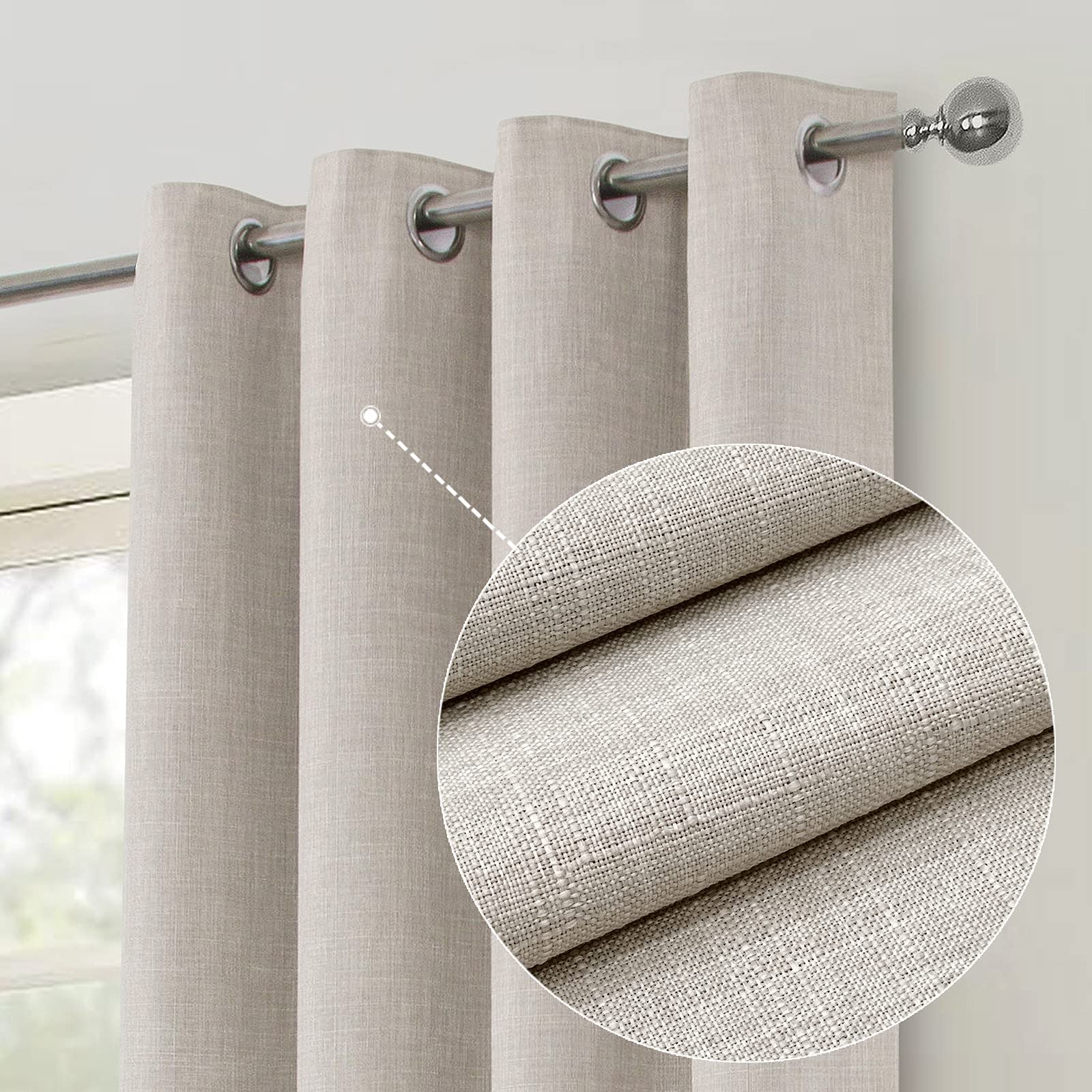 always4u Linen Look 100% Blackout Eyelet Curtains Thermal Energe Saving for Bedroom 1 Pair Noise Reducing Solid Modern Window Treatment for Home Decoration Natural W46*L72
