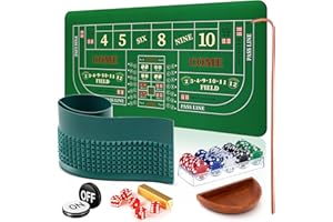 Lunmon Craps Tabletop Game Set Includes 35x70 Rubber Tabletop Layout Mat Craps Diamond Pyramid Rubber Bumper, Rattan Stick, Grade AAA 19mm Dice, On/Off Buttons, 100 Poker Chips