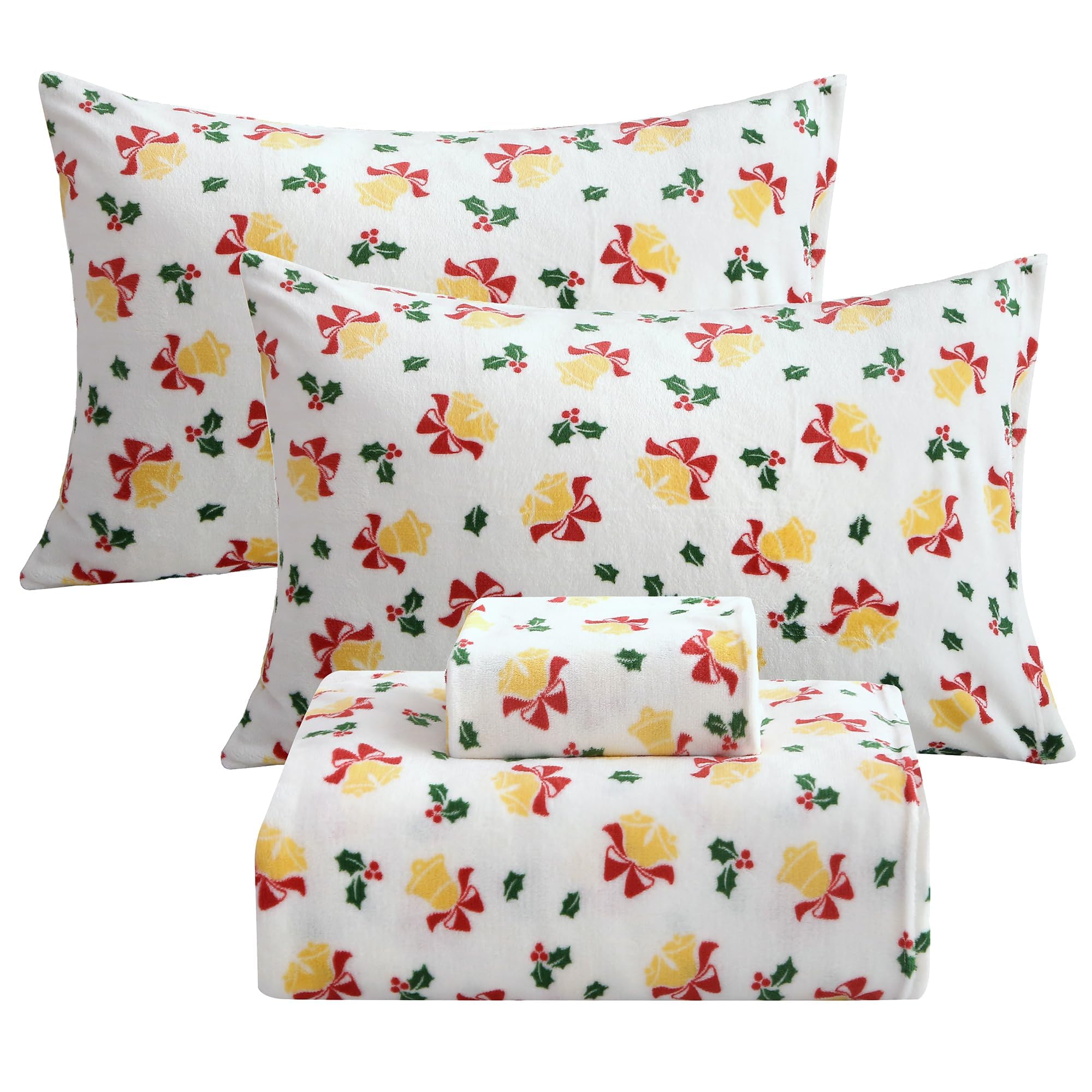Softan Christmas Fleece Sheets Queen Size, Flannel Like Soft, Fuzzy Warm Plush Sheets, Velvet Polar Microfleece Bedding for Winter, Christmas Bell Image