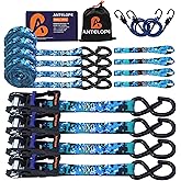 A ANTELOPE Ratchet Tie Down Straps, 4 Pack of 15', 2,100LBS Breaking Strength, Rubber Handles, Coated Metal Safety Lock S Hooks, 2 Bungee Cords for Motorcycle, Truck Cargo(Blue)