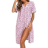 Ekouaer Nightgowns for Women Cotton House Dress with Pockets Button Down Night Gown Short Sleeve Duster Housecoat S-3XL