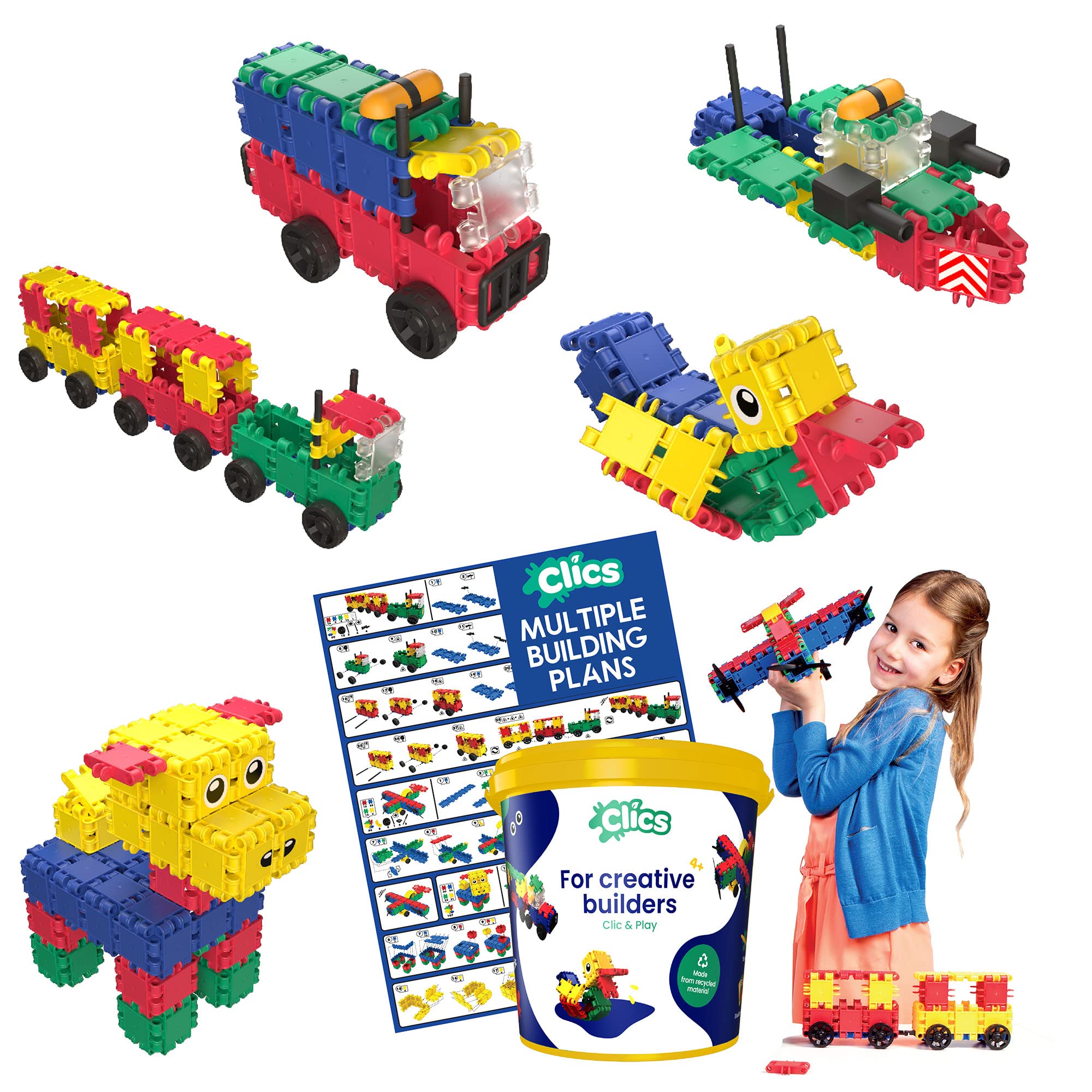 Clics construction toys for children from 3 years, creative educational toys in a 160 piece set, building blocks for girls and boys, Montessori STEM toys, durable toys made from recycled material — image 1