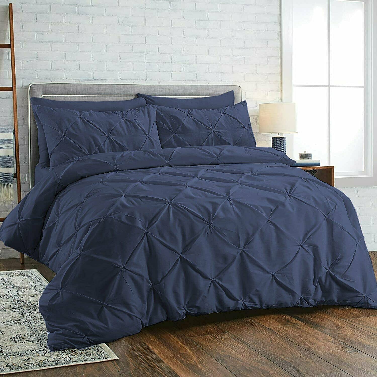 Pinch Diamond Pleated Pintuck Duvet Cover Set 100% Cotton Quilt Covers Bedding Bed Sets Single Double Super King with Pillow Cases (Navy, Super King)