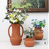 Dheureka Terracotta Vases Sets of 3, Farmhouse Decor, Ceramic Vase for Flower, Wide Mouth Rustic Home Decor Vases for Flowers, Living Room, Table,Shelf and Accessories, Terracotta