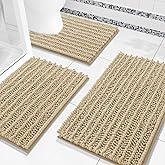 Arotive Chenille Bathroom Rugs Set 3 Piece, Extra Soft Absorbent Shaggy Bath Mat and U-Shaped Contour Toilet Rug, Non-Slip Machine Wash Dry Bath Mats Set for Bathroom, Shower, Sink and Tub, Beige