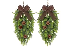 Yunlly 2 Pcs 26 Inch Artificial Christmas Teardrop Swag Large Christmas Pine Branch Teardrop Outdoor Wreath for Winter Xmas Front Door Indoor Outdoor Home Fireplace Stairs Hanging Decor