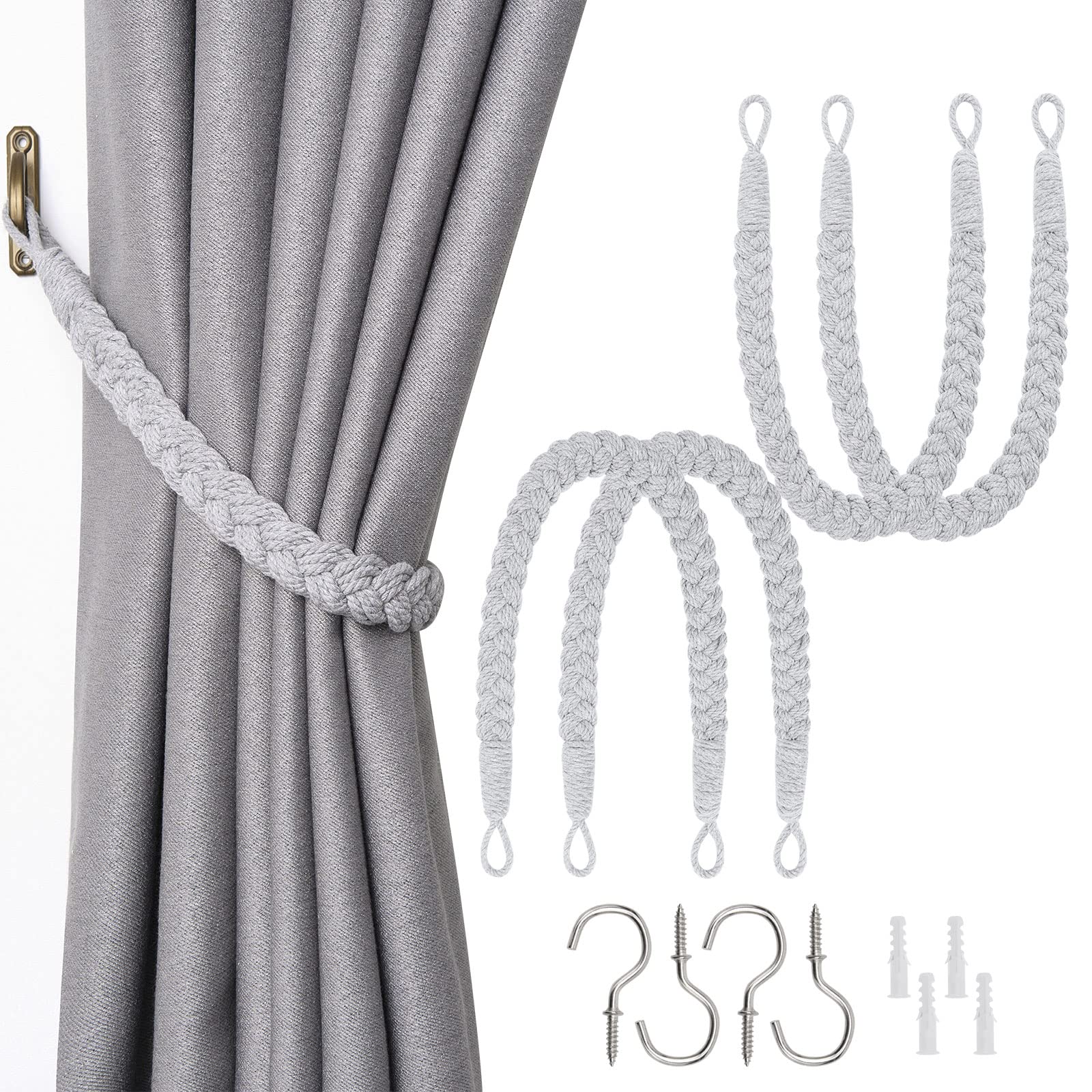 Pretty Jolly 4 Pack Natural Cotton Rope Curtain Tiebacks Elegant Boho Style Decorative Drape Tie Backs Soft Hand-Woven Rope Curtain Holdbacks with Metal Hook for Home & Office Drapery (Light Grey) — image 1