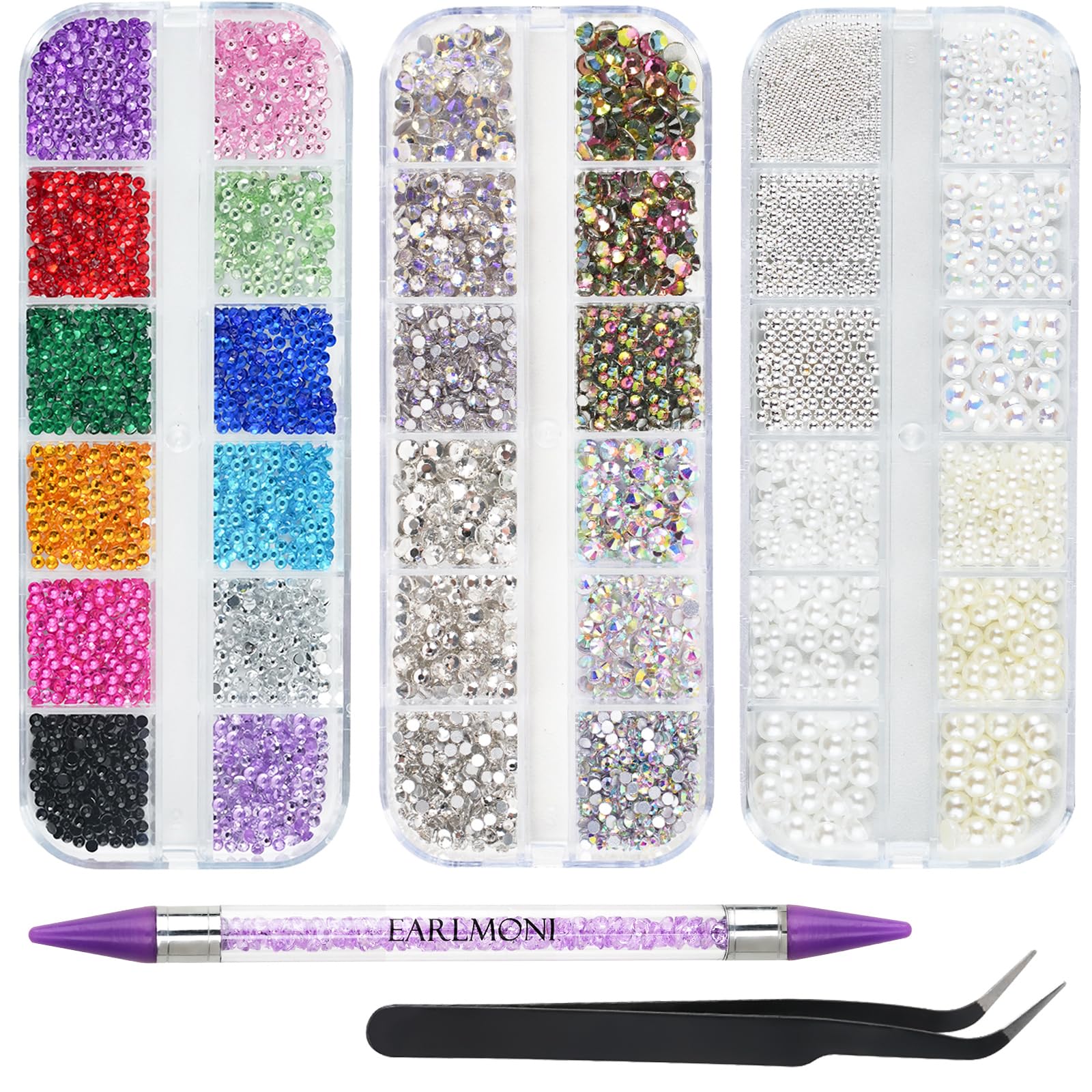 EARLMONI 5200PCS Nail Gems for Nail Art, AB Crystal Flat Back Rhinestones Nail Charms with Nail Pearls, Rhinestone Picker Tool, Dimonties Gems Rhinestones for Face Eye Makeup