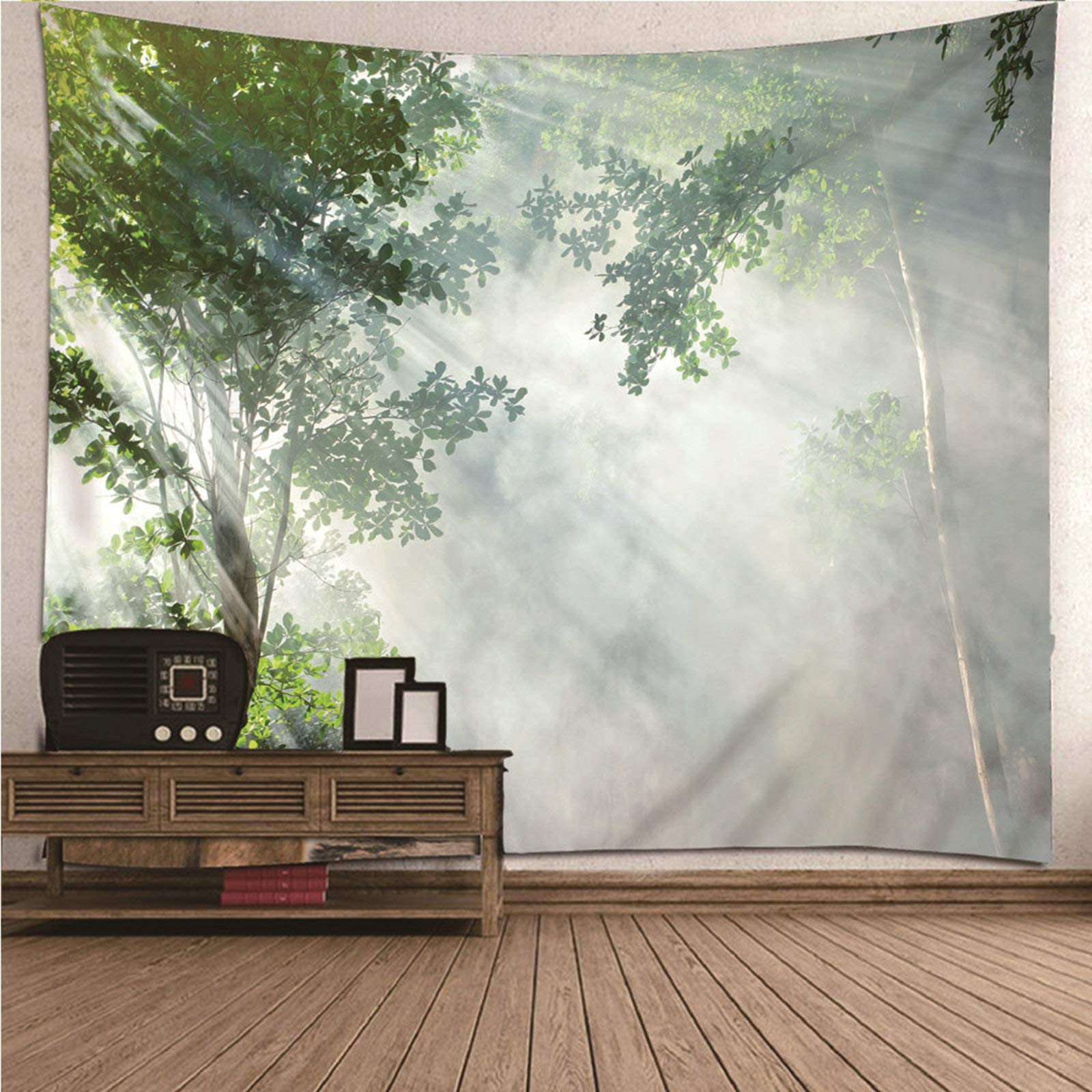 KnSam Tapestry, Tapestry Wall Hanging Living Room Home Decorations Made of Polyester Sunlight Fog Forest Green 200 x 200 cm Tapestries