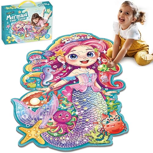Larchio Mermaid Gifts for Girls, 45PCS Jumbo Memarid Floor Puzzle for Kids Age 3-5 Toddler Floor Puzzle Educational Learing Toys for Kids