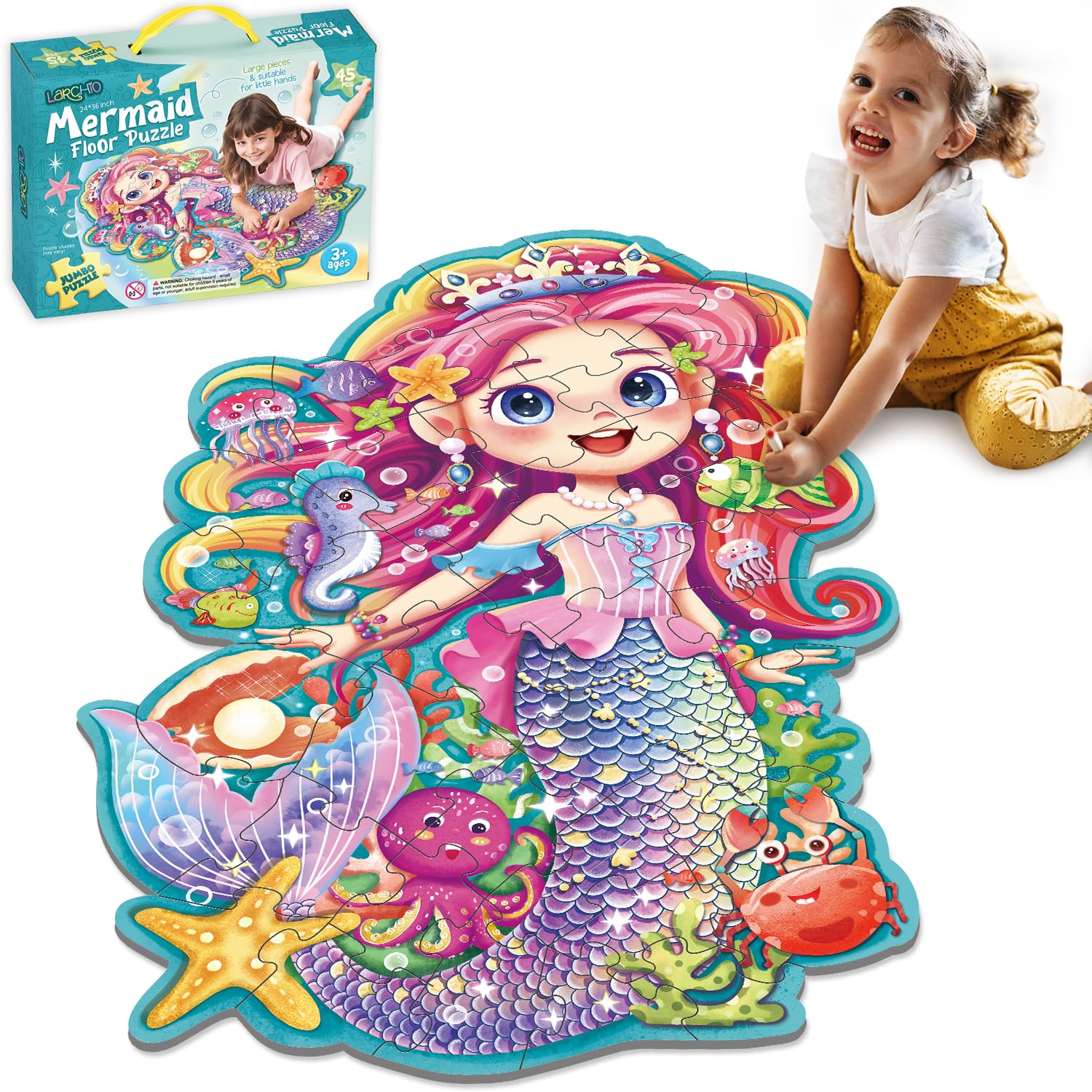 Photo 1 of Larchio Mermaid Gifts for Girls, 45PCS Jumbo Memarid Floor Puzzle for Kids Age 3-5 Toddler Floor Puzzle Educational Learing Toys for Kids
