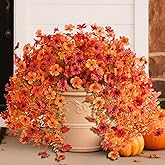 INQCMY Artificial Fall Flowers for Outdoors Fake Mums Hanging Flowers Plants 2Pcs UV Resistant Faux Flowers for Porch Patio Outdoor Decor Home Decor (Orange Autumn Red)