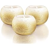 FURORA LIGHTING Small Gold Glittery Real Wax Flameless Candles, Pack of 3 – LED Flickering Small Round Candles, 2.4” x 1.6”, Battery Included, Ideal for Home Decor