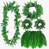(Green) Leaf Skirt Hawaiian Hula Grass Skirt with Flower Leis for Women,Girls,Men,Luau Party Dress Outfits