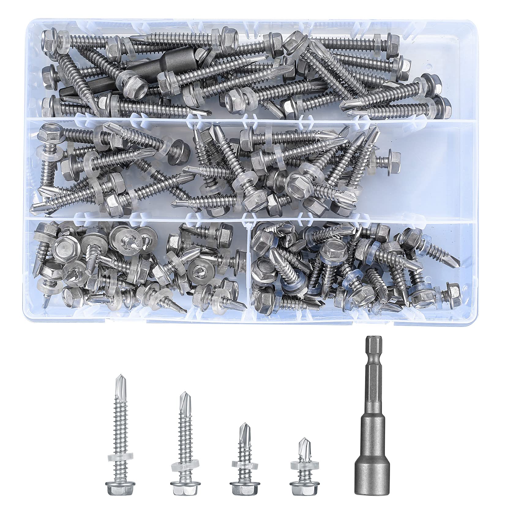 101 Pcs Stainless Steel Self Drilling Hex Head Screws, Metal Sheet Tek Screws Assortment Kit Set with Drill Point and Gasket, Roofing Screws with Hex Socket - M6.3*(23mm/30mm/36mm/55mm)