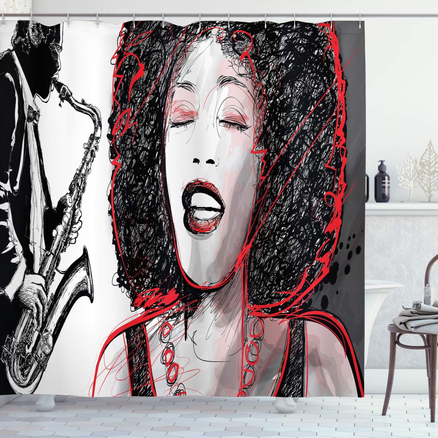 Amazon Com Ambesonne African Shower Curtain American Girl Singing With Saxophone Player Popular Sound Design Cloth Fabric Bathroom Decor Set With Hooks 84 Long Extra Black Grey Home Kitchen