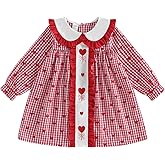 Toddler Little Girl Smocked Valentines Day Dress Love Heart Print Long Sleeve Doll Collar Plaid Dress