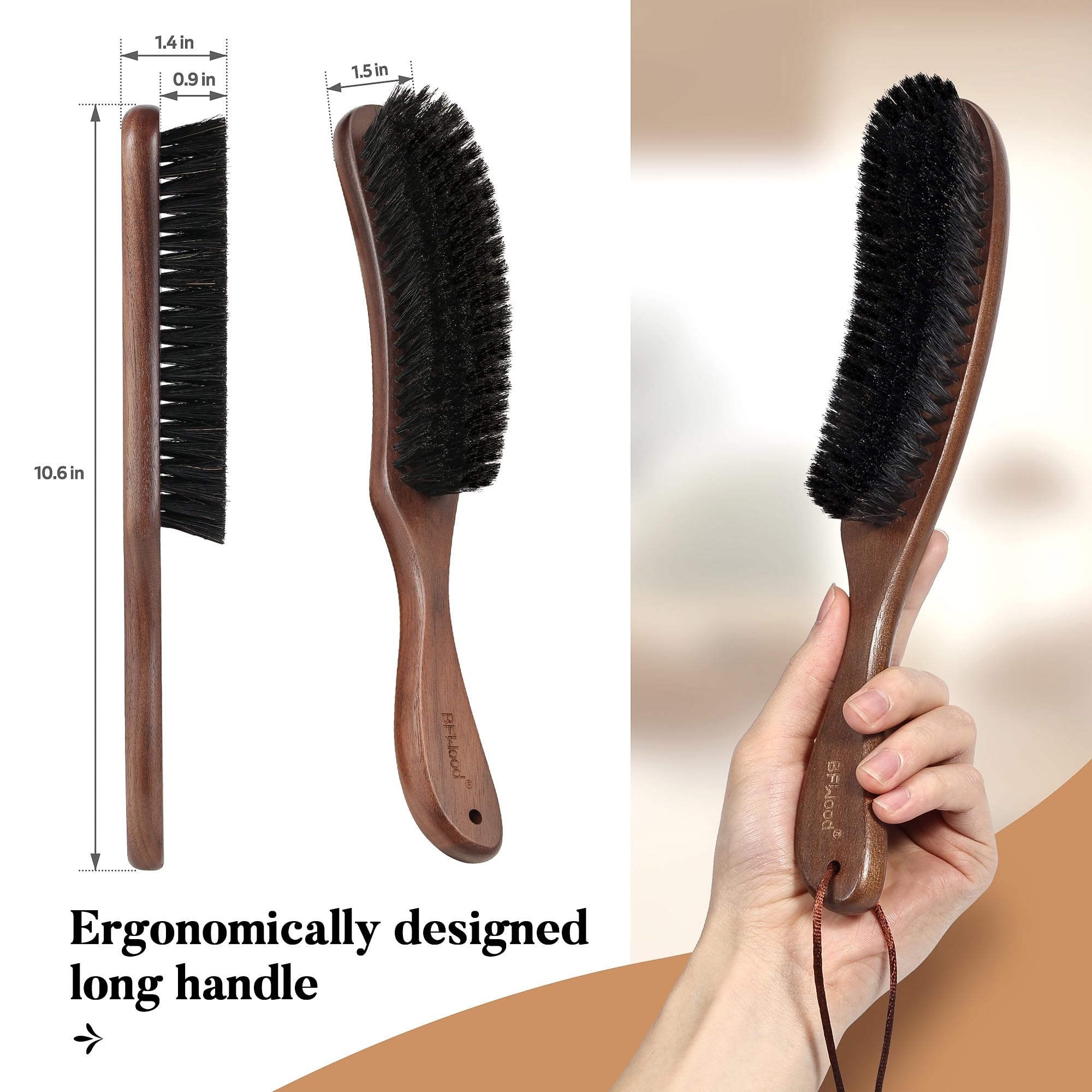 BFWood Clothes Brush - Boar Bristle Lint Brush for Suits, Cashmere, Wool, Velvet, Suede and Pet Hair - Large Black Walnut Wood Handle