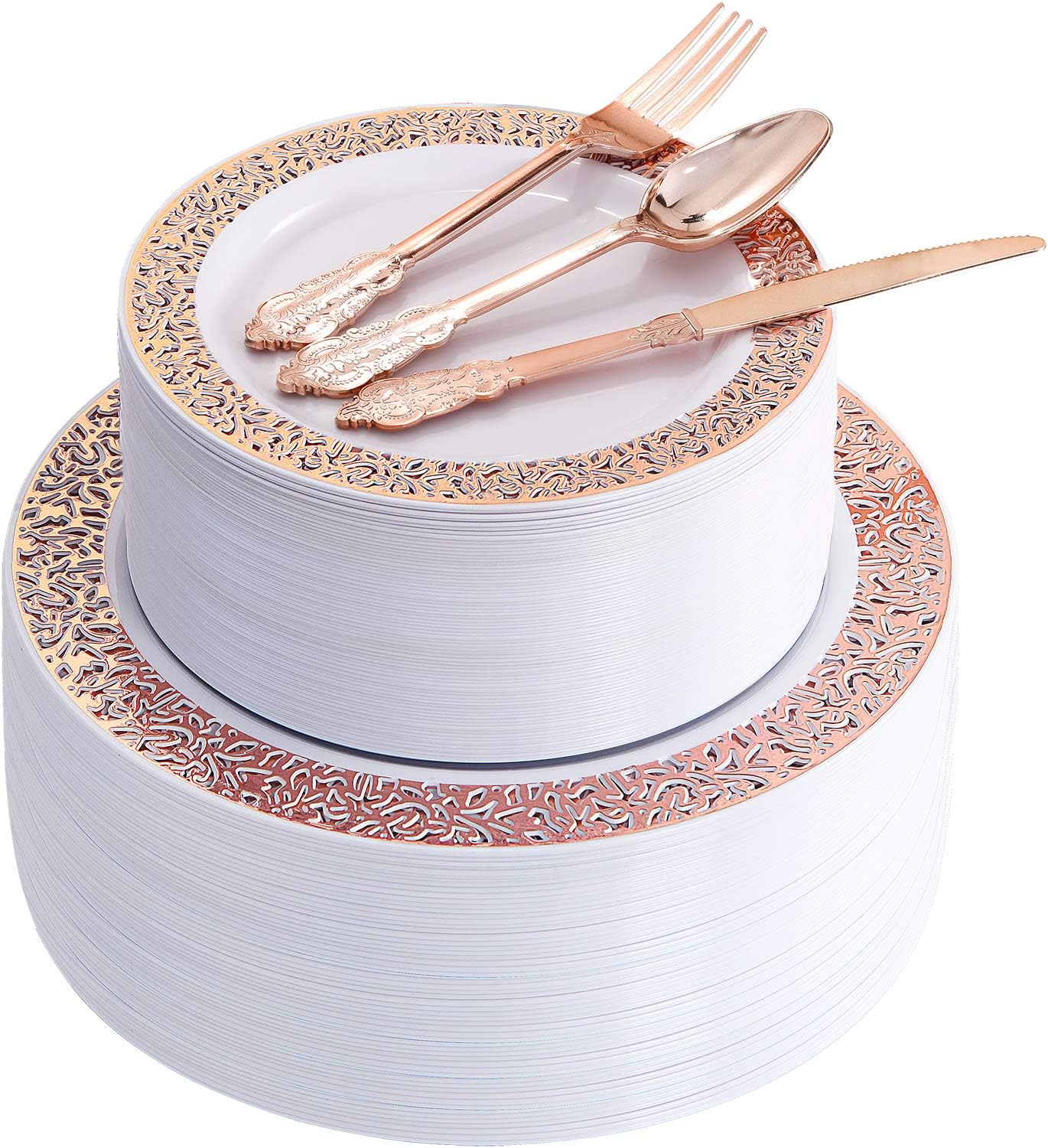 300pcs Rose Gold Dinnerware Set，Rose Gold Plastic Lace Plates, Durable