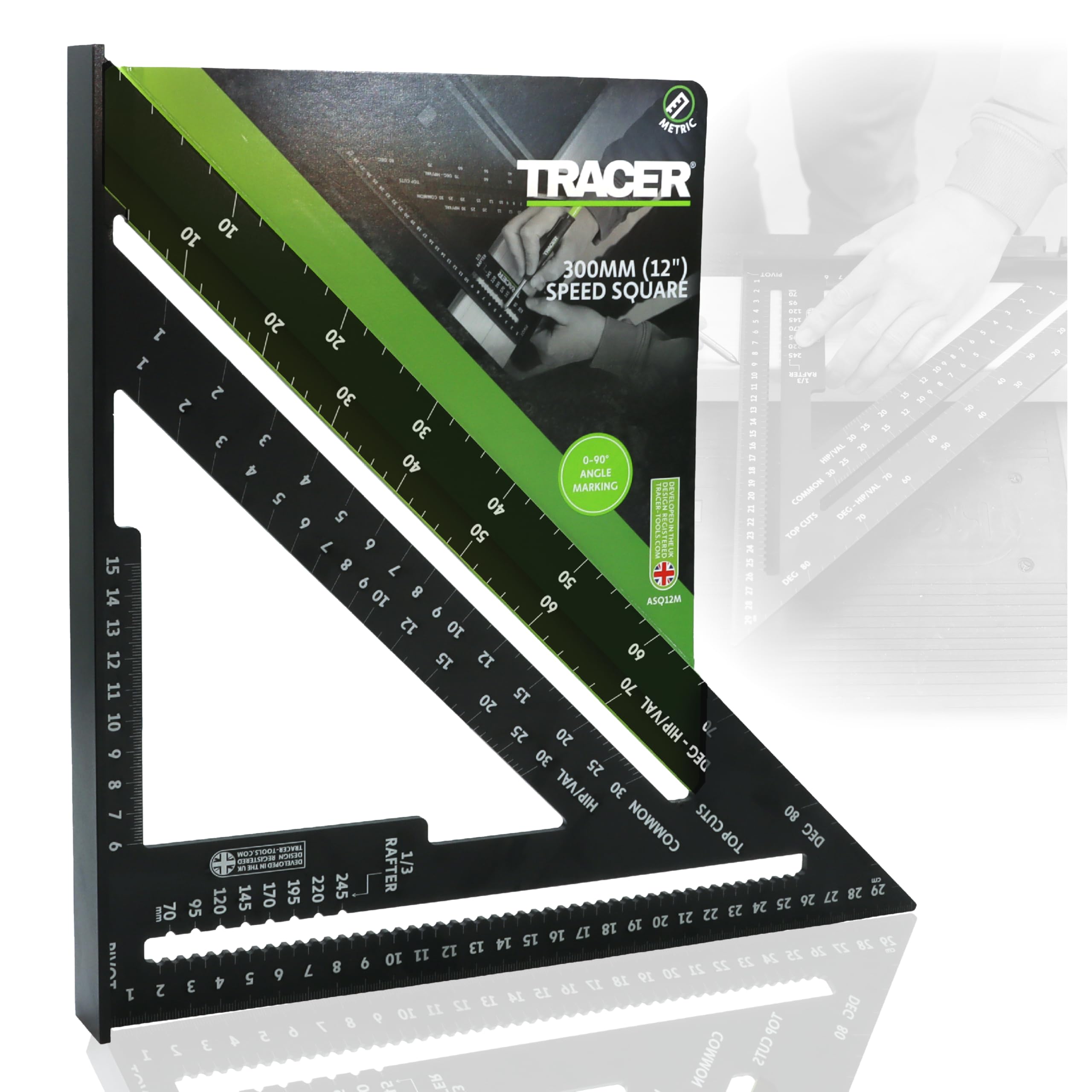 TRACER Speed Square 300mm (12 Inch). Rafters Square with Metric and Hip & Valley Scales. Roofing and Carpentry Marking Tool
