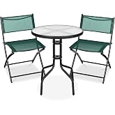 Best Choice Products 3-Piece Patio Bistro Dining Furniture Set w/Textured Glass Tabletop, 2 Steel Folding Chairs, Polyester Fabric - Dark Green
