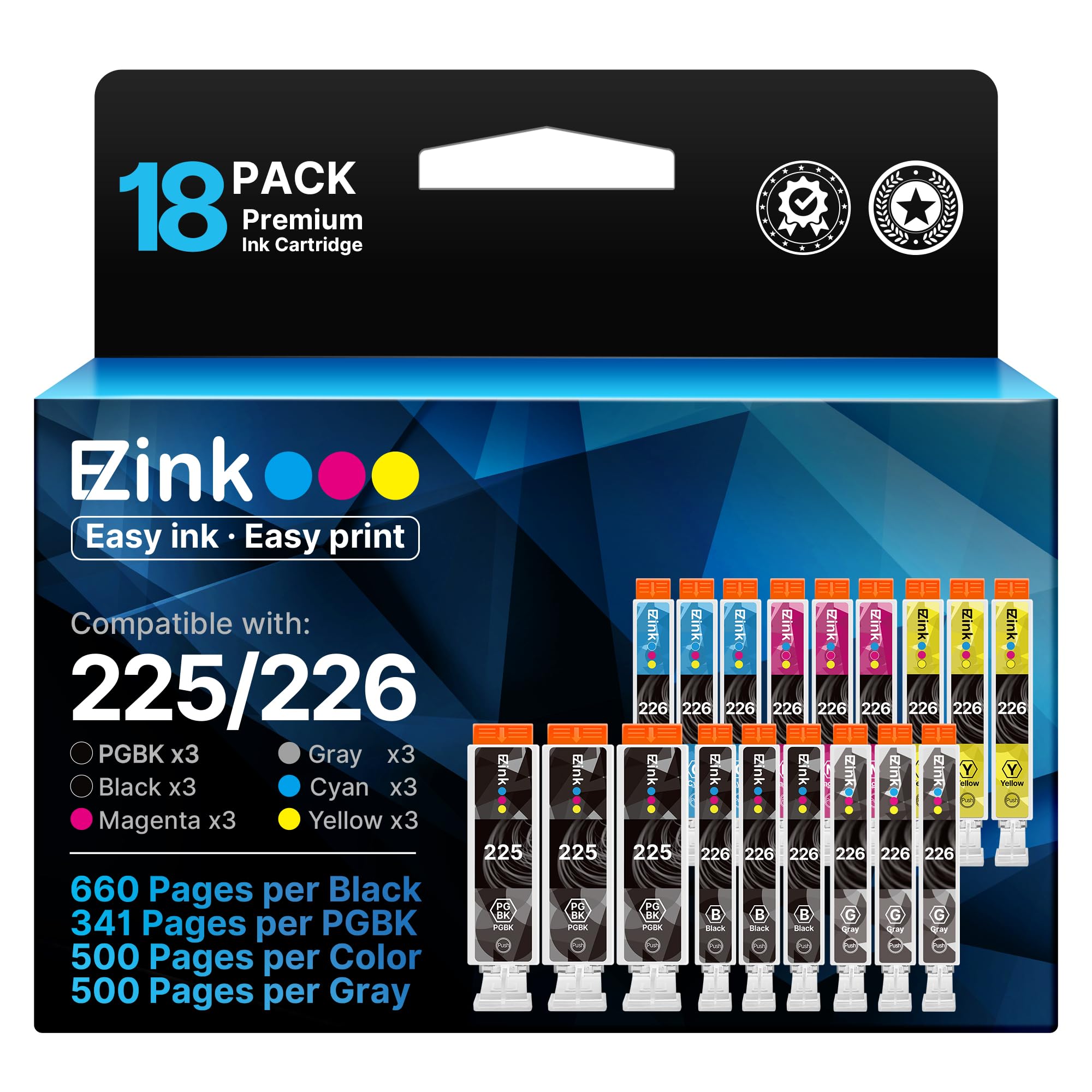 Photo 1 of E-Z Ink Compatible Ink Cartridge Replacement for Canon PGI-225 CLI-226 to use with MG6220 MG6120 MG8220 MG8120 MG8120B (3 Gray, 3 Large Black, 3 Small Black, 3 Cyan, 3 Magenta, 3 Yellow) 18 Pack