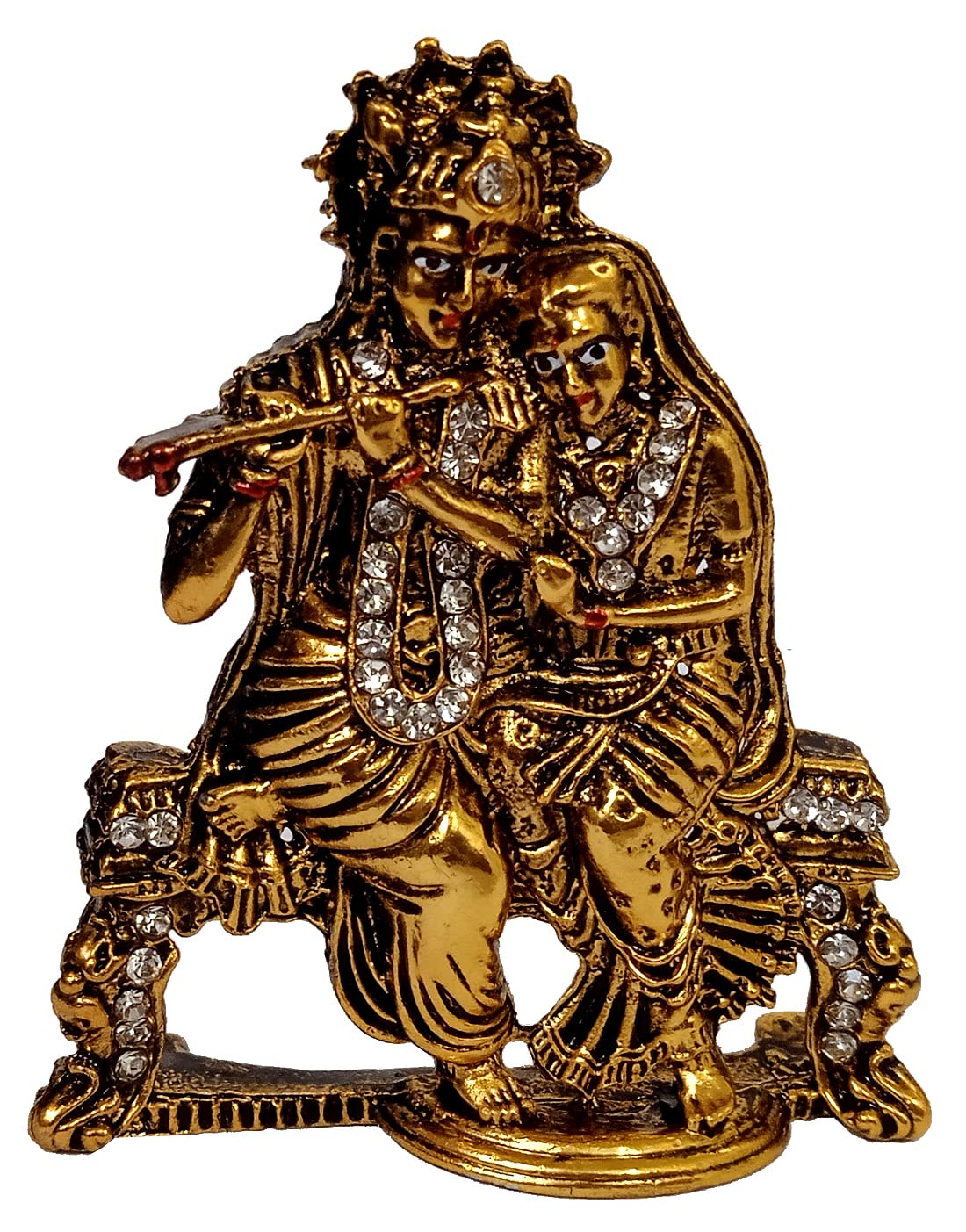Purpledip Metal Idol Radha Krishna: Glittering Stones Statue For Home Temple Or Car Dashboard (12535)