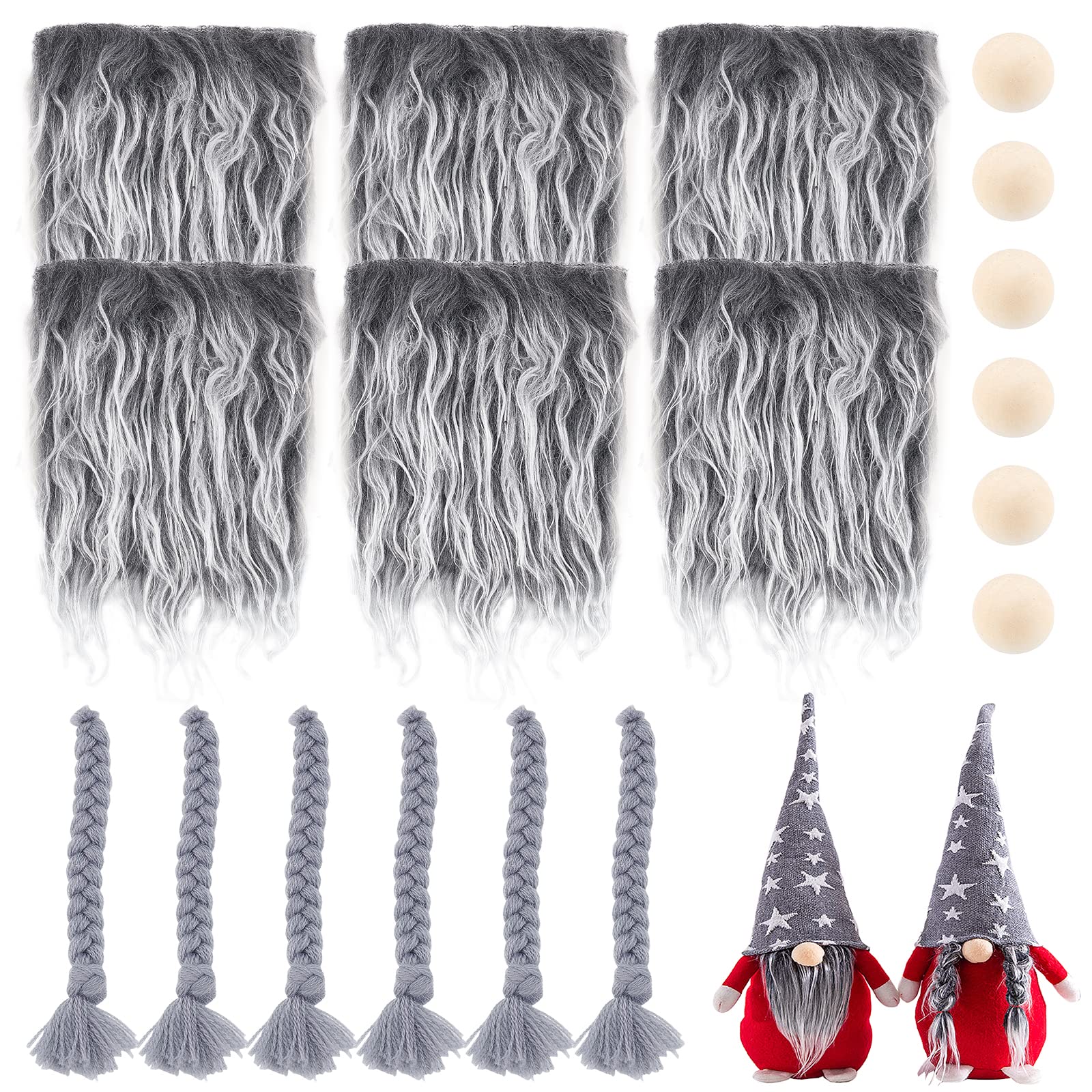 GORGECRAFT 18 Pieces Gnome Beard Unfinished Wooden Balls Braids Dwarf Beard Kit Faux Fur Beard Hair Handmade Gnome for DIY Sewing Craft Patches Dolls Gnome Nose Easter Christmas Party Supplies, Grey