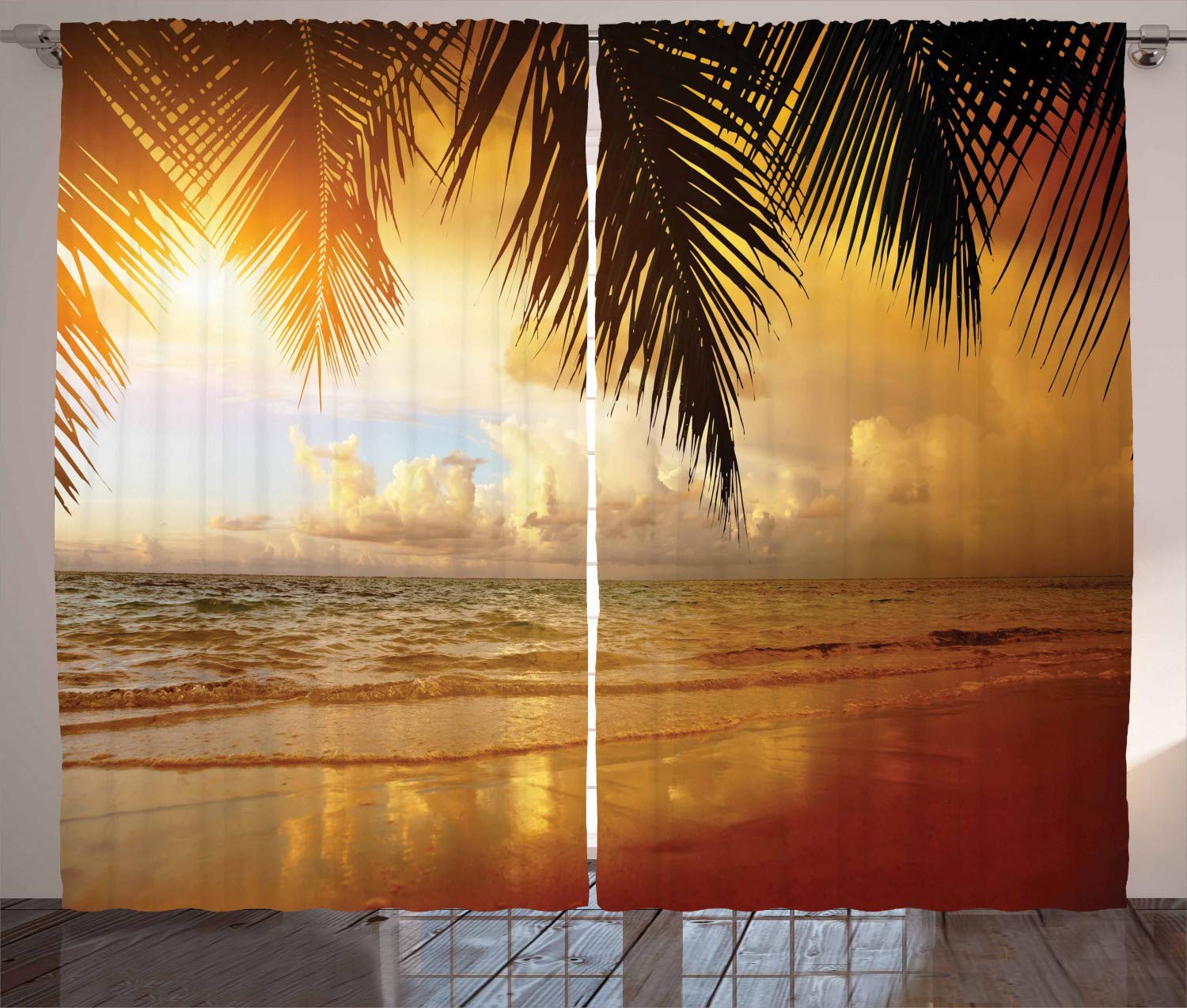 ABAKUHAUS Ocean Curtains, Sunset on the Beach of Caribbean Sea Waves Coast with Palm Tree, Living Room Bedroom Window Drapes 2 Panel Set, 280 x 260 cm, Yellow orange blue