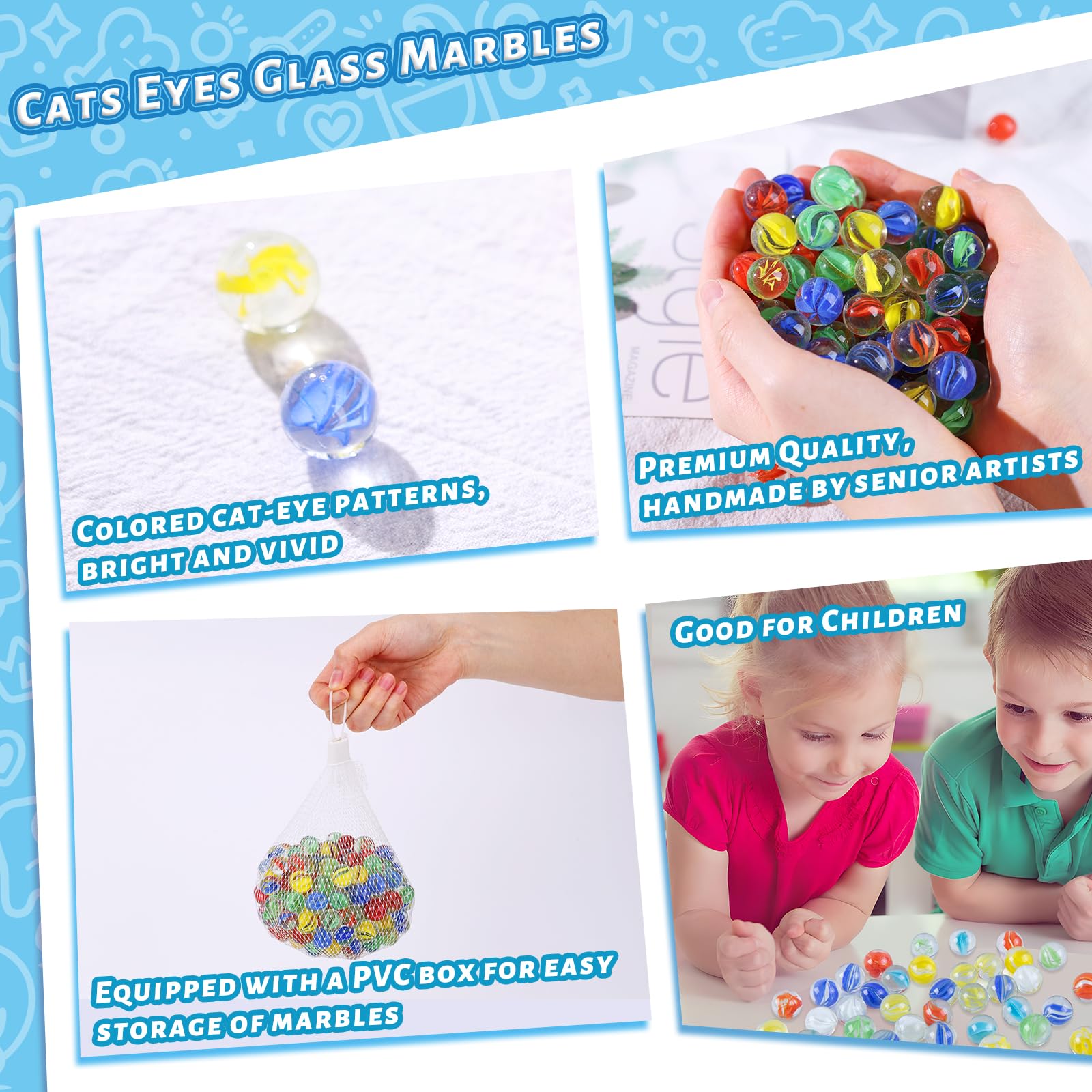 LovesTown 200PCS Glass Marbles Bulk, Colorful Cats Eyes for Kids Marble Game, Assorted Sizes