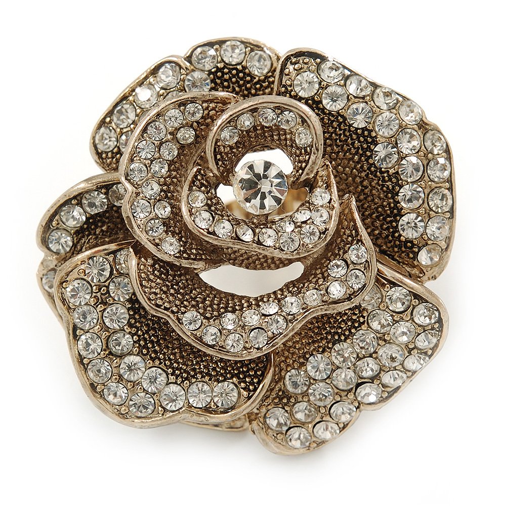 Avalaya Oversized Embellished Rose Cocktail Ring In Burnt Gold Metal - Size 7/8 - Adjustable