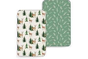 ACRABROS Pack and Play Sheets, Mini Crib Sheets for Boys Girls,Snug Fitted Playard Sheet Bedding Mattress Protector,2 Pack,Blossom Deer&Green Leaf