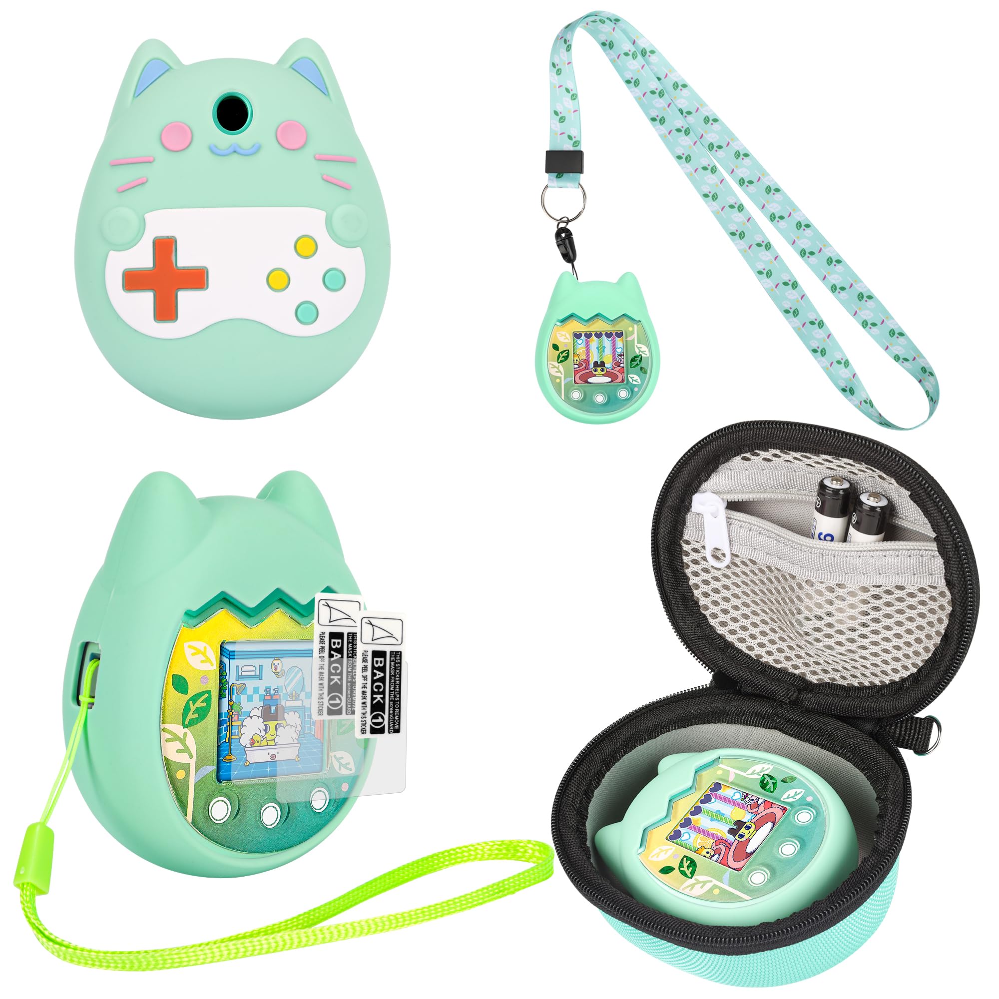 Meetikar Carrying Case and Silicone Cover Compatible with Tamagotchi Pix Virtual Pet Game Machine, (5-in-1) Silicone Cover for Tamagotchi Pix, with Finger Lanyard and Screen Protector (Green)
