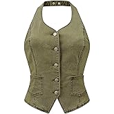 Allegra K Denim Vest for Women's Halter Neck Button Down Backless Jean Waistcoat